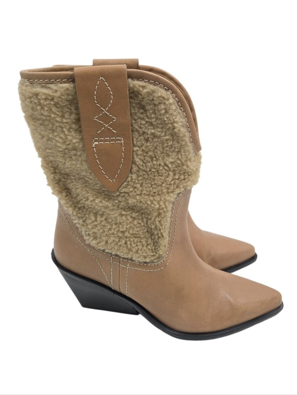 Free People Pitchfork Women's Tan Shearling Western Ankle Boots - Picture 2 of 13